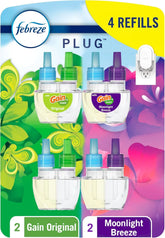 Febreze Plug In Air Freshener, Odor-Fighting Scented Oil Refill, For Home, Bathroom, & Kitchen, Long Lasting, Gain Moonlight Breeze and Gain Original Scents, 0.87oz Refills, 4 Count (2 of Each Scent)